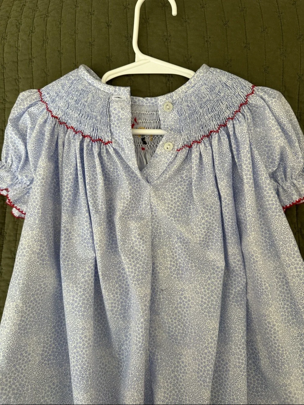 Light Blue Smocked ABC Puff-Sleeve Girls' Dress